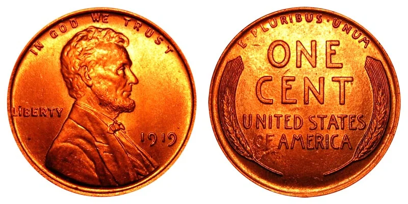 1919 wheat penny obverse and reverse showing Lincoln portrait, wheat stalks, and VDB initials