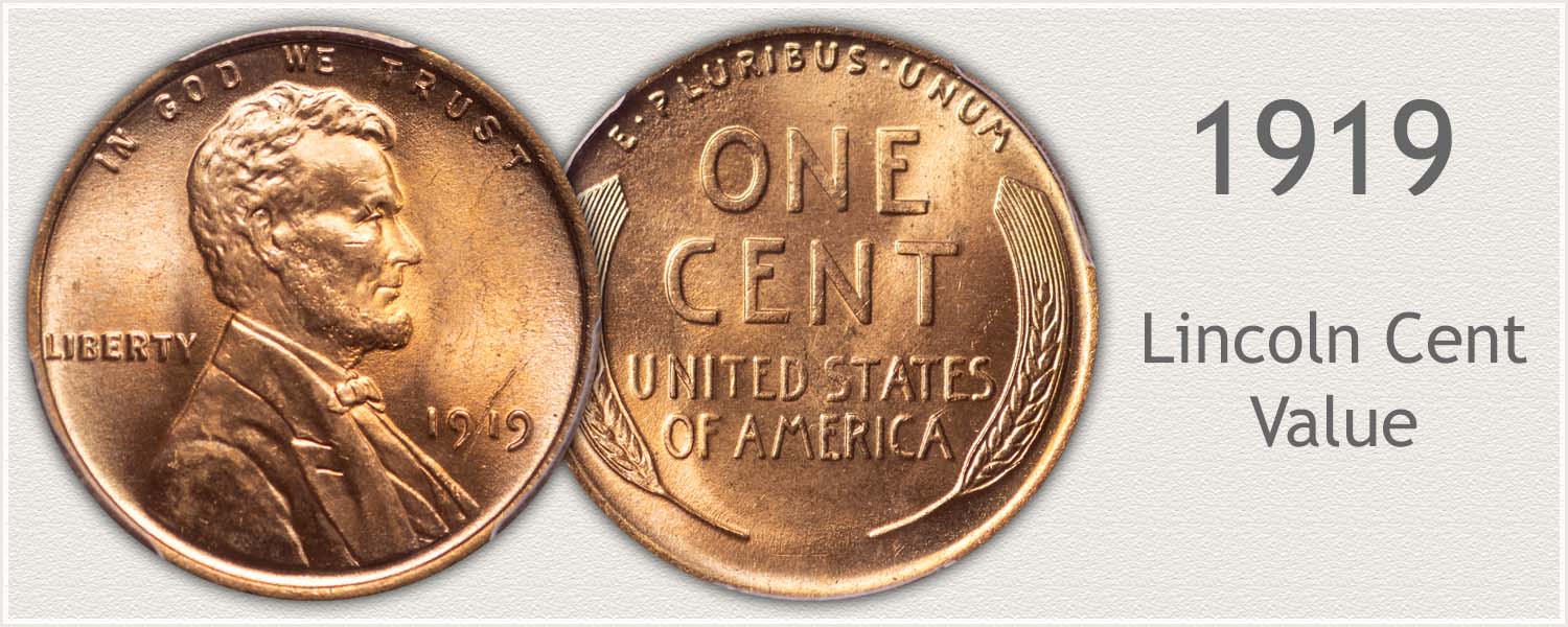 1919 wheat penny grading strip showing four coins side by side from worn Good condition to gem uncirculated MS65 Red, illustrating condition progression