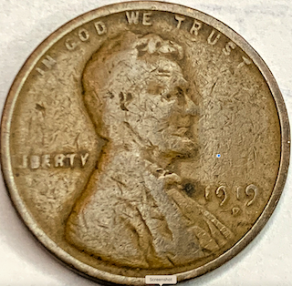 1919-D wheat penny RPM-001 repunched mintmark showing secondary D shifted north above primary D mintmark