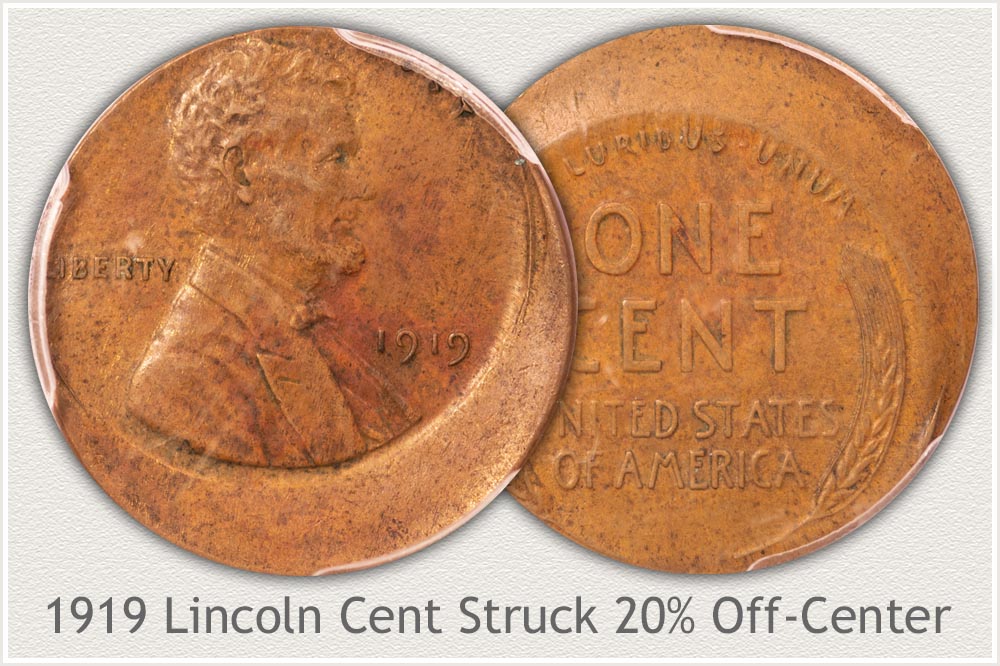 1919 wheat penny off-center strike showing Lincoln design shifted approximately 40% off-center with blank planchet crescent visible