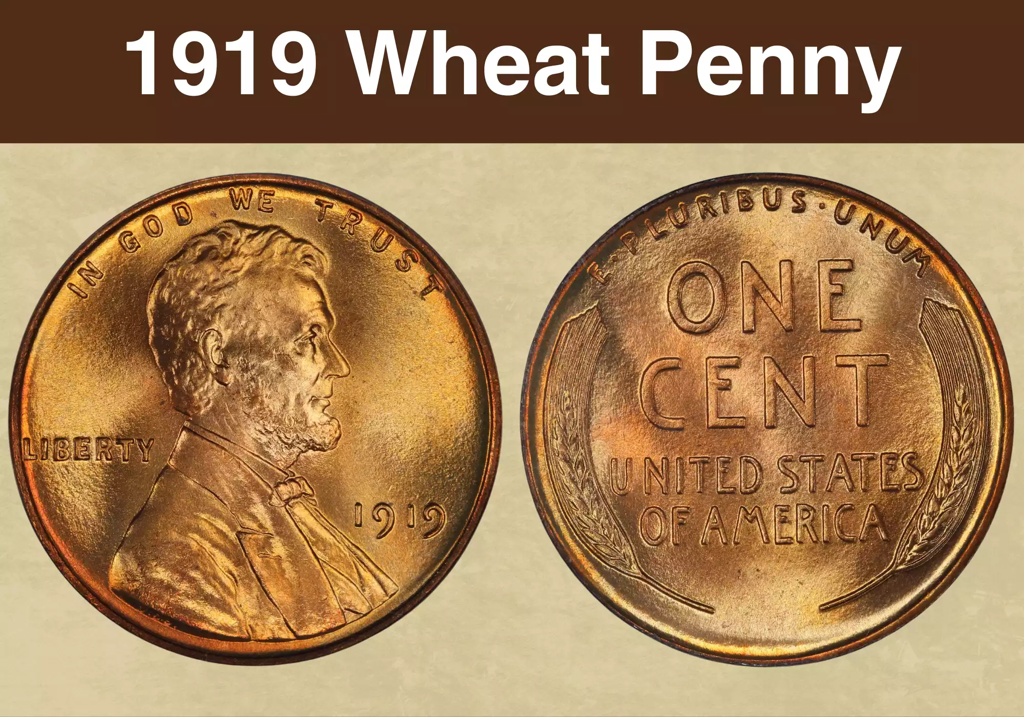 1919 Lincoln wheat penny specimens from all three mints showing Philadelphia no-mark, Denver D, and San Francisco S varieties together